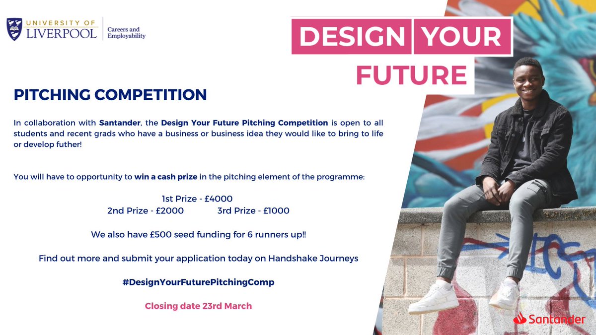 alison_pountney's tweet photo. Our DYF X @SantanderX pitching competition is now open until 23rd March! If you are a @LivUni student or grad with a business or idea to develop, apply today on Handshake! Start your journey here: https://t.co/IPLbiergxN https://t.co/fQgcBamfP3