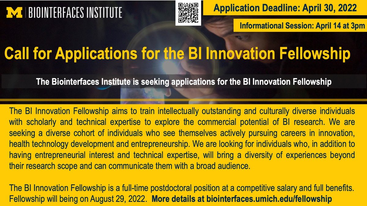 UMBiointerfaces's tweet photo. 📢 Applications Open! 📢 Join us on April 14 at 3pm to learn about the Biointerfaces Institute's #InnovationFellowship👇
Register today to learn more from the program leaders and current fellows! https://t.co/XlaH3nVrTs https://t.co/y61sQk382d