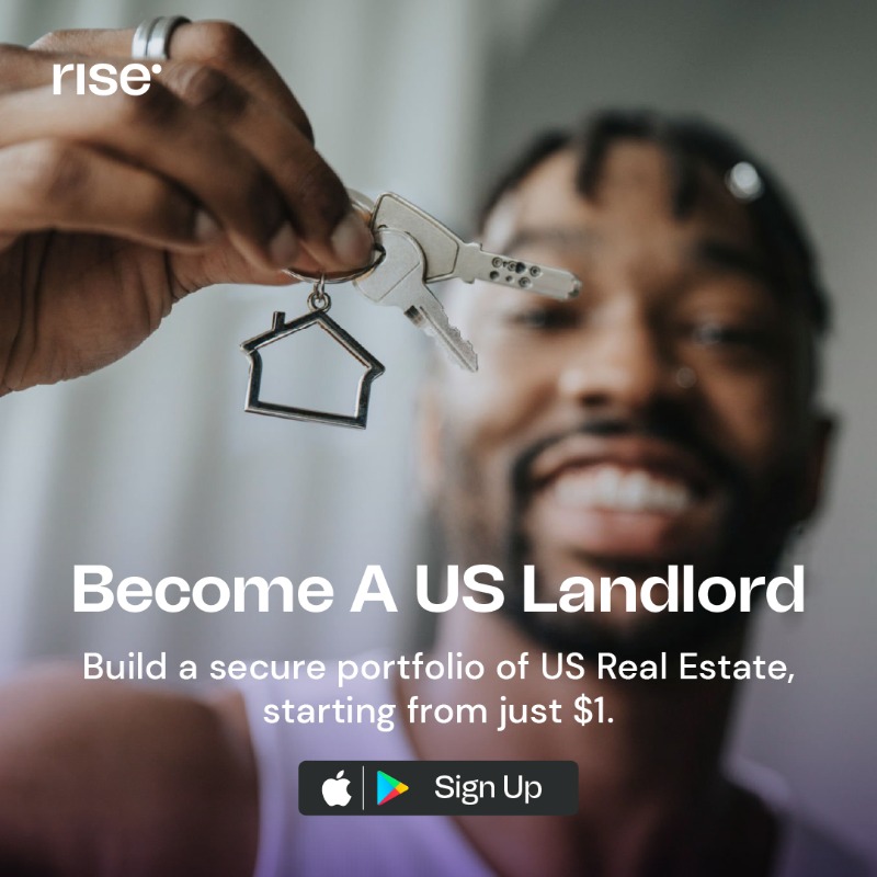 Risevest's tweet photo. Build a secure portfolio of US Real Estate, starting from just $1. Begin by installing and signing up today.
