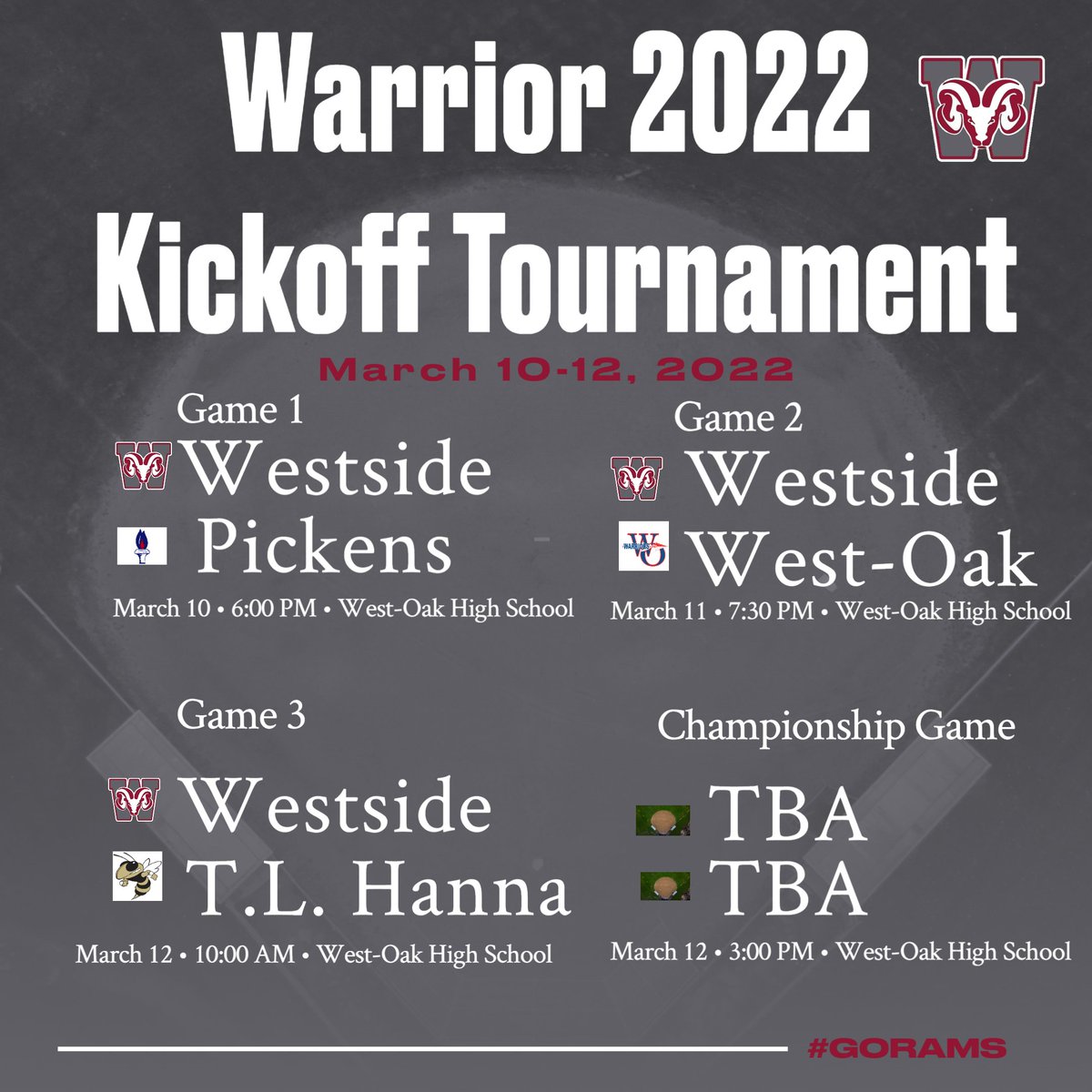 WHSRamsSoftball's tweet photo. It's GAMEDAY! The Warrior 2022 Kickoff Tournament starts today and will go through Saturday, March 12th. #gorams https://t.co/snTVDBncDe