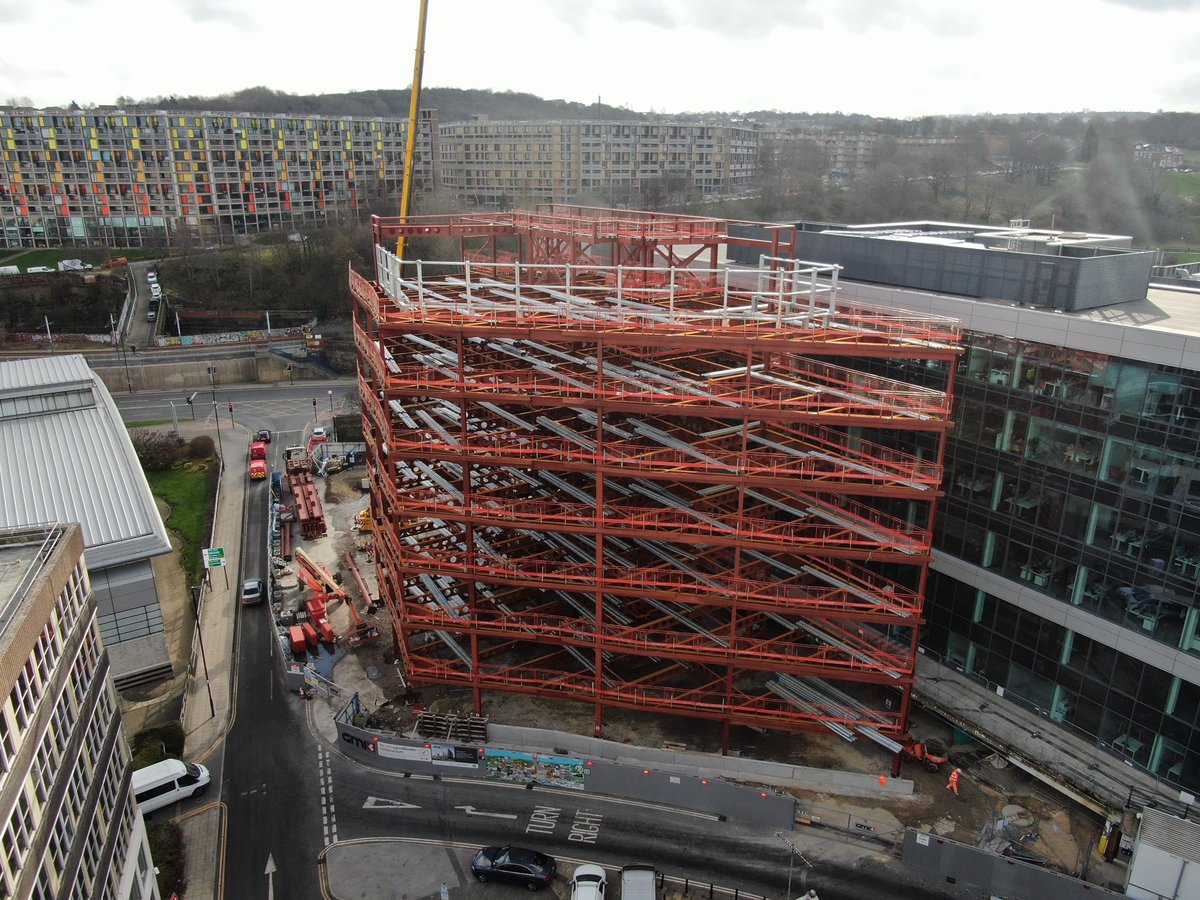GMIConstruction's tweet photo. The latest #Drone images of the #Steel Structure at the Digital Campus 4 development look fantastic! #GMIYorkshire will have delivered in excess of 240,000 sq ft of high-quality #Office #Accommodation at the Digital Campus, once the project is complete. 
#loveconstruction https://t.co/uKixIly44d