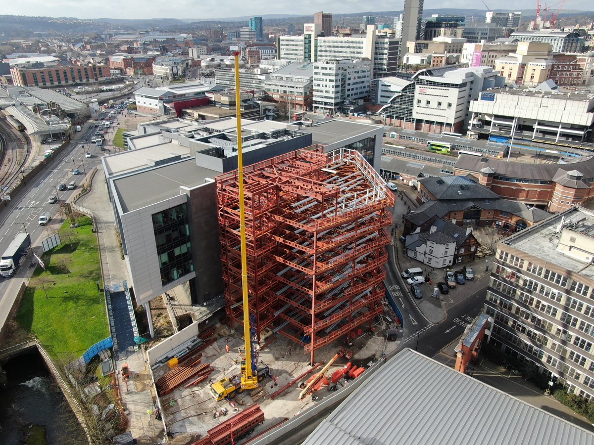 GMIConstruction's tweet photo. The latest #Drone images of the #Steel Structure at the Digital Campus 4 development look fantastic! #GMIYorkshire will have delivered in excess of 240,000 sq ft of high-quality #Office #Accommodation at the Digital Campus, once the project is complete. 
#loveconstruction https://t.co/uKixIly44d