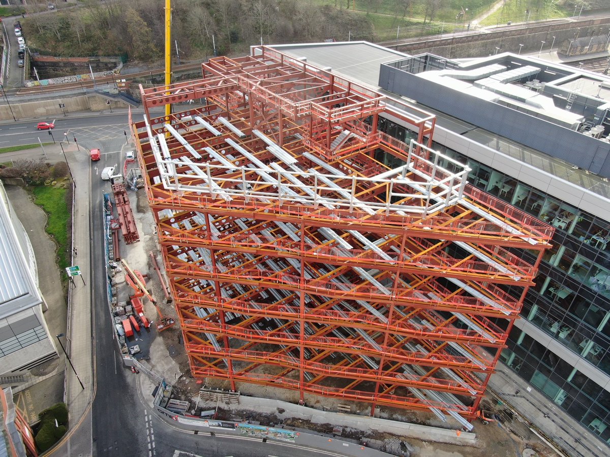 GMIConstruction's tweet photo. The latest #Drone images of the #Steel Structure at the Digital Campus 4 development look fantastic! #GMIYorkshire will have delivered in excess of 240,000 sq ft of high-quality #Office #Accommodation at the Digital Campus, once the project is complete. 
#loveconstruction https://t.co/uKixIly44d