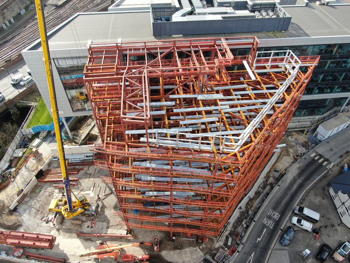 GMIConstruction's tweet photo. The latest #Drone images of the #Steel Structure at the Digital Campus 4 development look fantastic! #GMIYorkshire will have delivered in excess of 240,000 sq ft of high-quality #Office #Accommodation at the Digital Campus, once the project is complete. 
#loveconstruction https://t.co/uKixIly44d