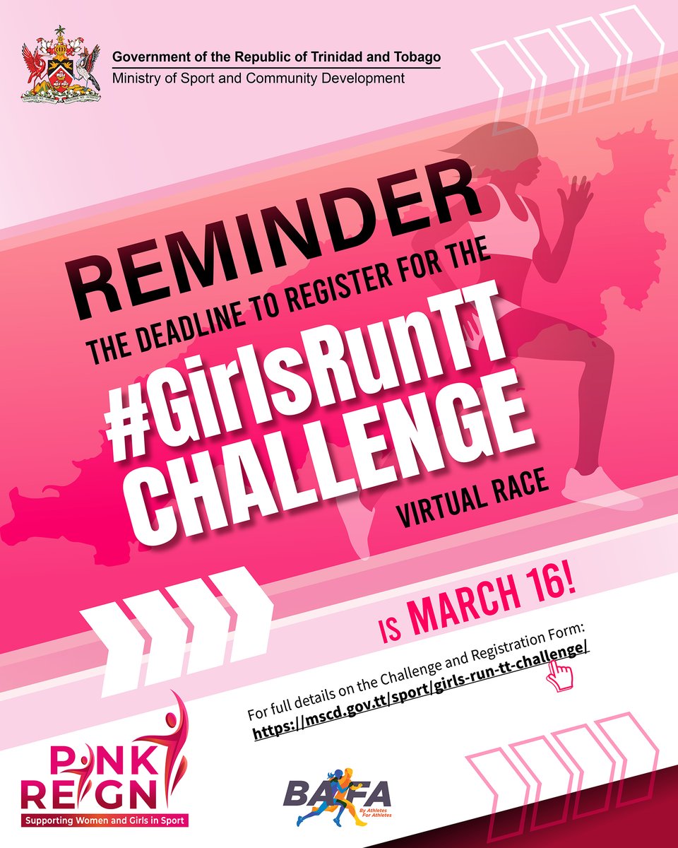 SportCommTT's tweet photo. Don't delay! Deadline for submissions- March 16th at 4:00pm.  Selected candidates will be announced by March 29th.
For further details visit  https://t.co/TvqlCjKmpS
#GirlsRunTT #PinkReign https://t.co/15OfFjMQfJ
