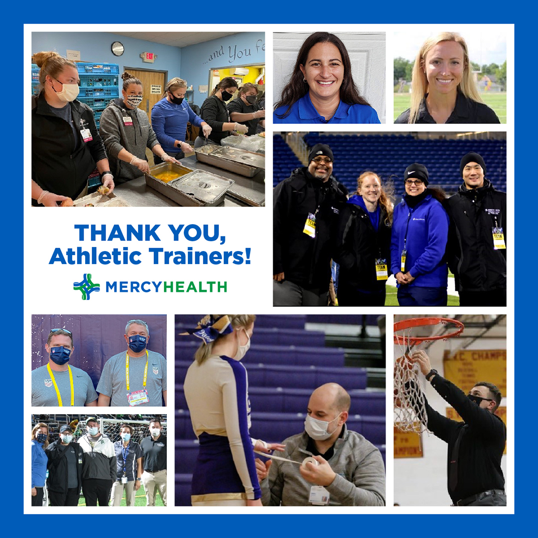 mercy_health's tweet photo. It’s National Athletic Training Month! Athletic trainers are more than simply trainers. They’re first responders at games. They’re liaisons between athletes and surgeons. And they’re mentors to young athletes as they overcome challenges. Thank you trainers for all you do! 

#NATM https://t.co/a31WKxu2nn