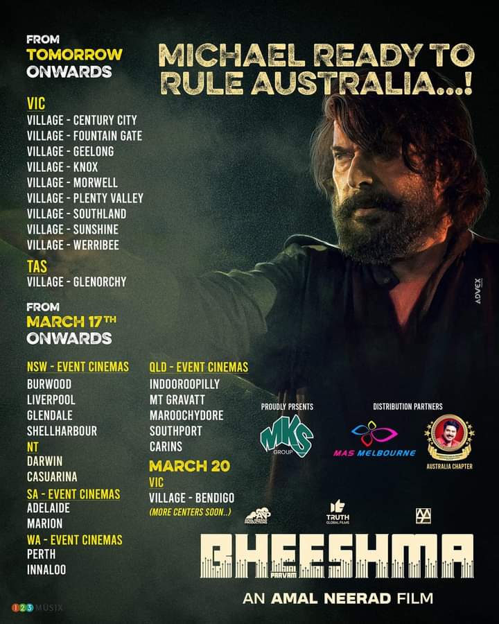 Mfwaiksa's tweet photo. #Bheeshmaparvam Australia Theatre List
From Tomorrow Onwards ๐
Distributed by MKS Group
In Association with MAS Melbourne & MFWAI- AUS Chapter
#truthglobalfilms
#MKS
#masmelbourne
#MFWAI
#mfwaiaustralia
@mammukka @Truthglobalfilm @robert_jins https://t.co/NQA4SEbb2r