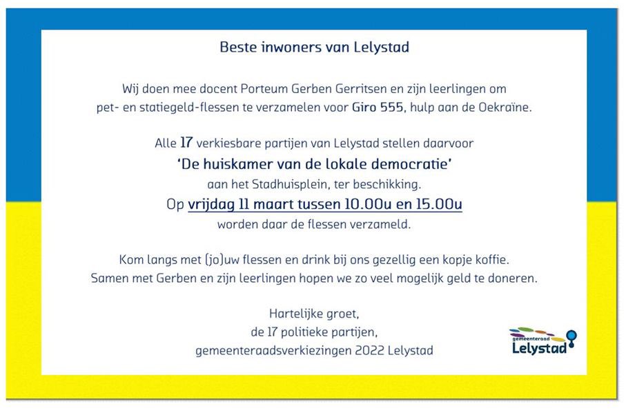 Doen jullie ook mee met het inzamelen van lege statiegeld flessen? Deze kunnen a.s. vrijdag ingeleverd worden bij De huiskamer van de lokale democratie. Deze worden verzameld voor <a href="/Giro555/">Giro555</a>  #Oekranie 

#DENKvooriedereen!