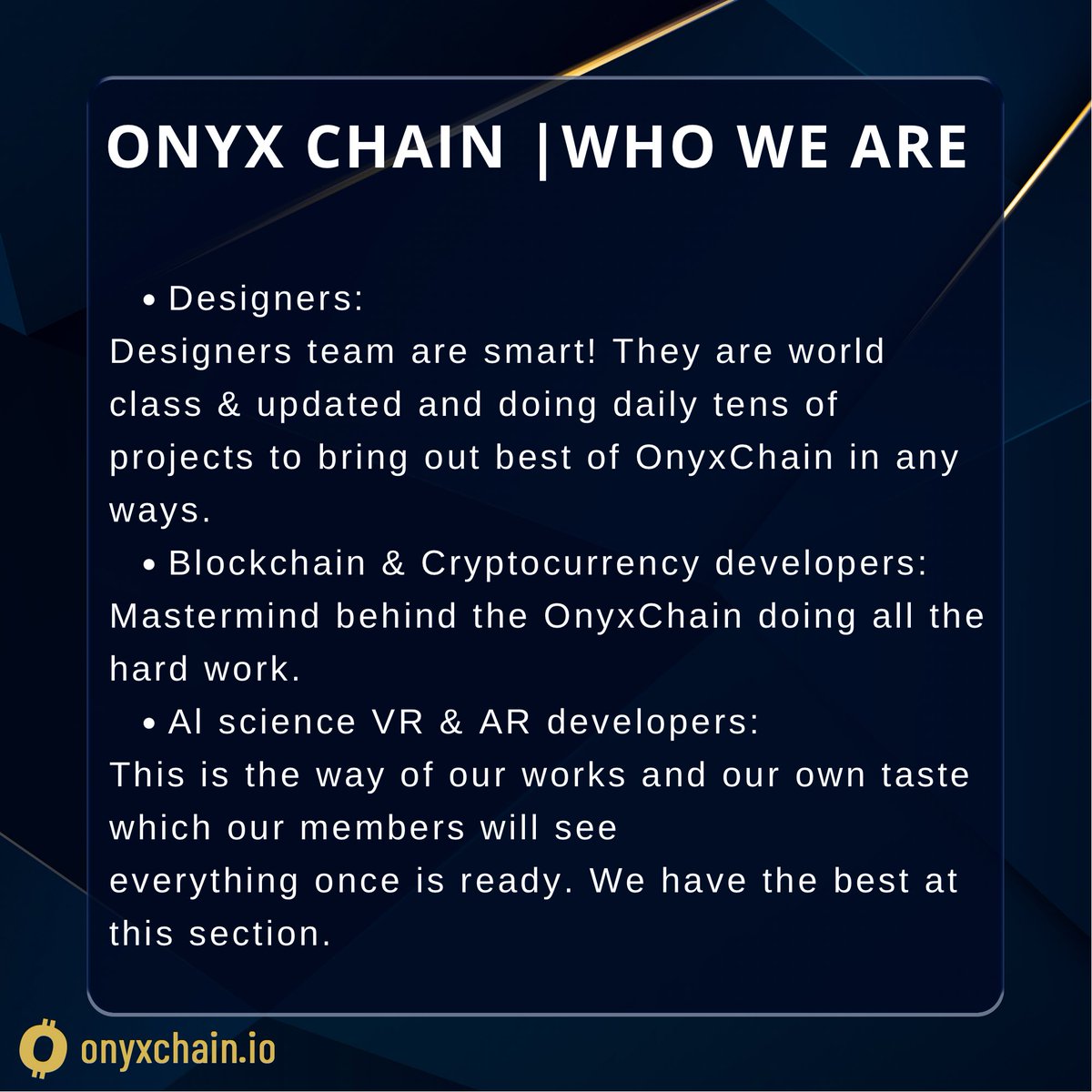 onyxchain_io's tweet photo. Get to know ONYX CHAIN better. 
.
#cryptocurrency #crypto #metaverse #nft #nfts #nftart #trending #onyx #onyxchain https://t.co/Mu3IZPKyqB