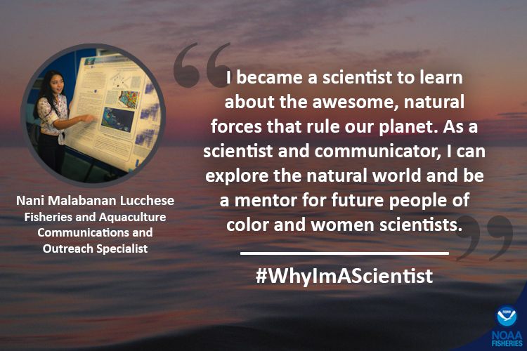 NOAAFish_NEFSC's tweet photo. We asked Nani Malabanan Lucchese, communications and outreach specialist, why she became a scientist. She said she loved learning/exploring the natural world and mentoring the next gen of #POCInScience and #WomenInScience. #WomensHistoryMonth #WomenOfNOAA #WhyImAScientist https://t.co/DusiA61jWK