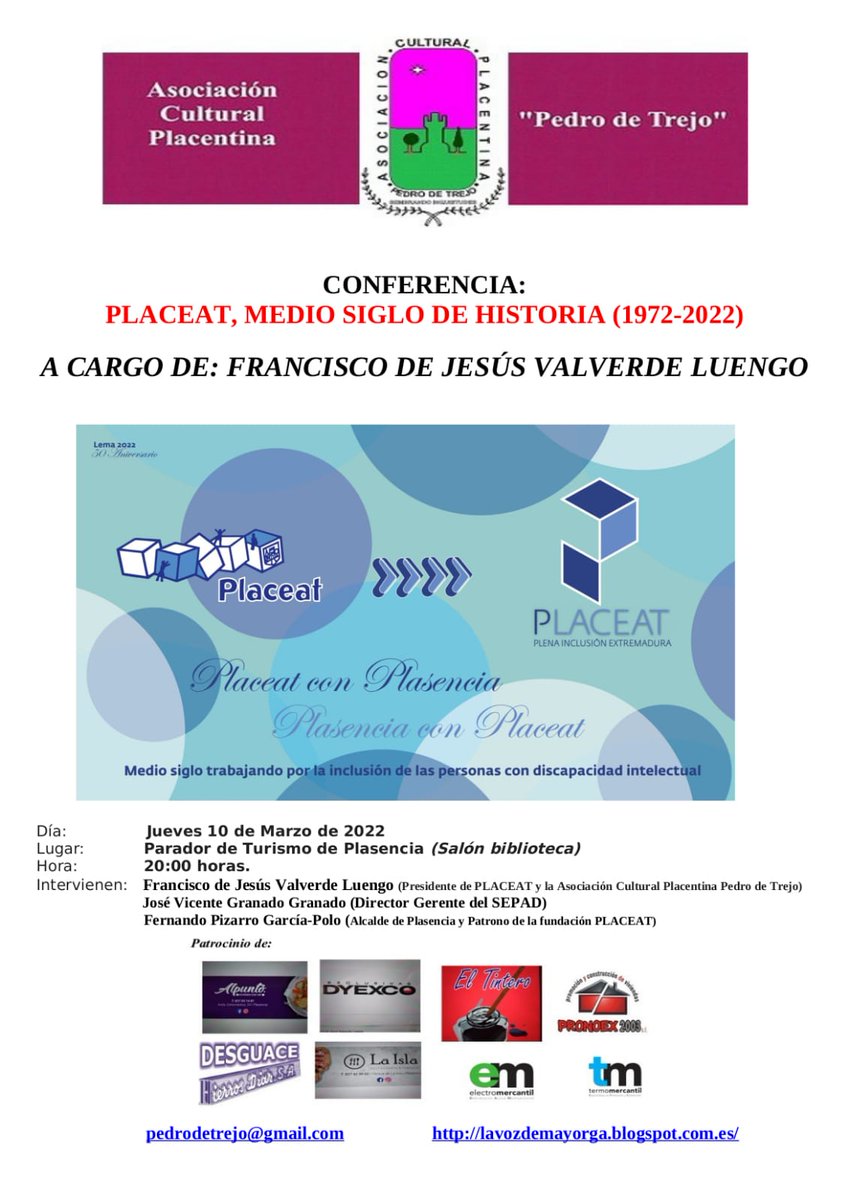 placeat's tweet photo. Recordad que esta tarde a las 20:00, tendrá lugar la Conferencia "PLACEAT: MEDIO SIGLO DE HISTORIA (1972-2022)", organizada por la A.C.P. Pedro de Trejo y con la intervención de @PacoValverde7 el Director Gerente del SEPAD, @pescueza1 y el Alcalde de #Plasencia, @fernandopgp https://t.co/ppHwu6IwMH