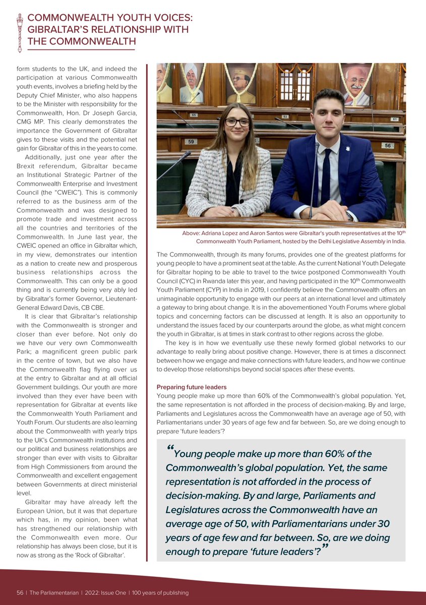 AaronSant0s's tweet photo. Delighted to have been asked to contribute, alongside Adriana Lopez @adrianajane_, to the Commonwealth’s magazine “The Parliamentarian”

Check out my article below “Gibraltar’s relationship with the Commonwealth as strong as its Rock” 👇 https://t.co/qSeRT1MXtN