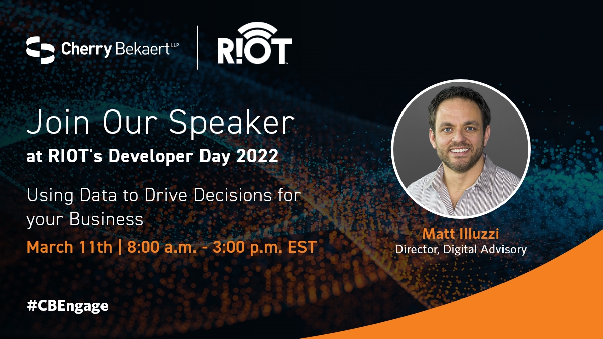 CherryBekaert's tweet photo. Driving decisions through data—discover how to incorporate intelligence and analytics solutions into your business from Digital Advisory Director, Matt Illuzzi, at @RIoTonSocial's Developer Day 2022.
Register now: https://t.co/RyNDvTXXAw
#CBEngage #RIOT #DeveloperDay22 https://t.co/9QRYuZ3kjZ