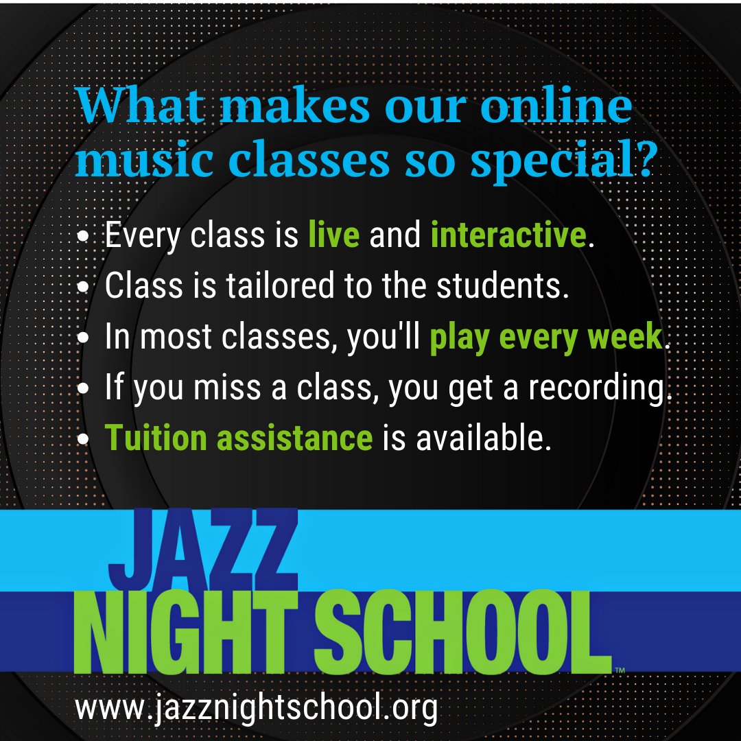 Classes start April 2nd.

Brush up on your chord symbols, explore the origins and impacts of jazz, improve your improv, or get started on your ear training. 

Live, online, one evening a week.

Schedule your free skills assessment today: jazznightschool.org/pages/skills-a…