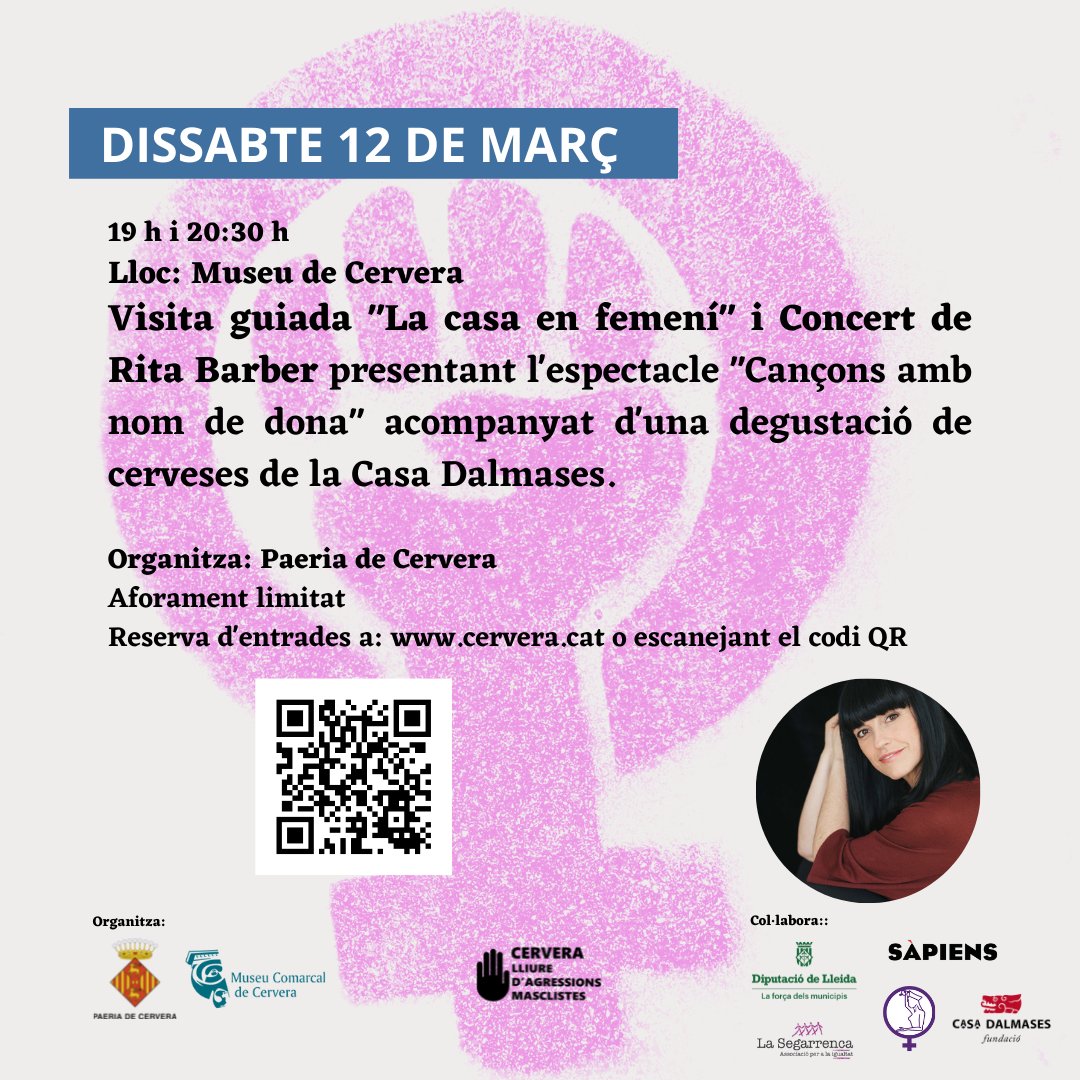 🟣 No us perdeu "La casa en femení" i "Amb nom de dona", un recital íntim i poètic dedicat a la dona, a càrrec de Rita Barber. 

🗓 Dissabte 12. 🕢 19 i 20.30 h. 📍 Museu #Cervera 

👉🏼 Reserva gratuïta d'entrades: app.mesacces.com/esdeveniment/4…