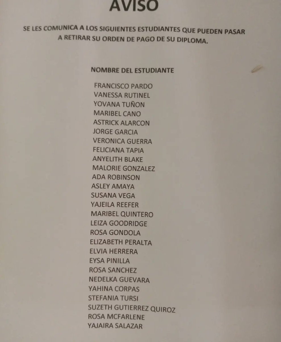 accion_meces's tweet photo. ¡Aviso Importante!

Se le avisa a los siguientes estudiantes que pueden retirar su orden de pago en el CRU de Colón.

#MECES, #mecesInforma, #crudecolon, #CRUC, #CRUCOL, #diploma https://t.co/RoaFsfbpMm