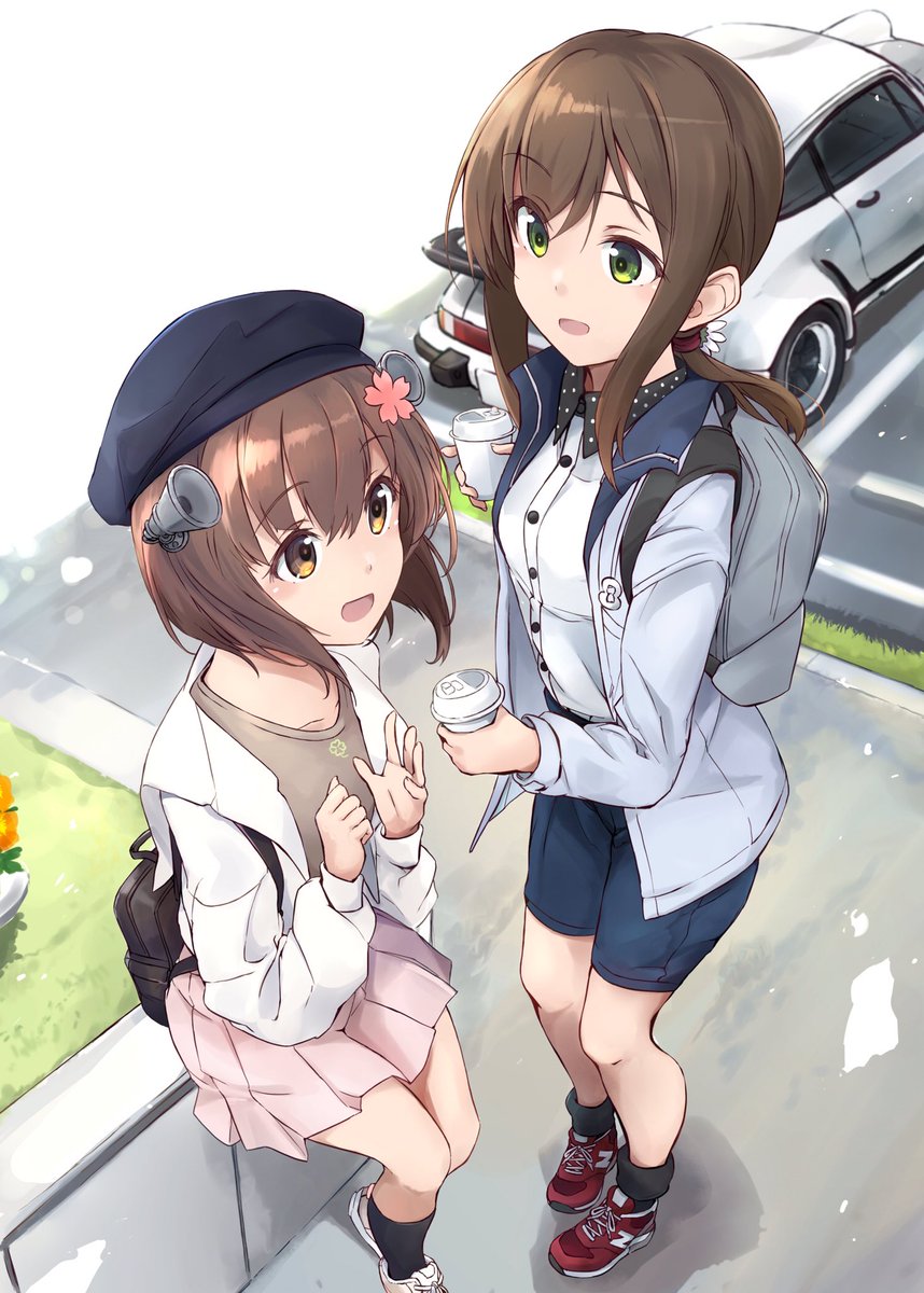 fubuki (kancolle) ,yukikaze (kancolle) multiple girls 2girls brown hair white jacket ground vehicle motor vehicle jacket  illustration images