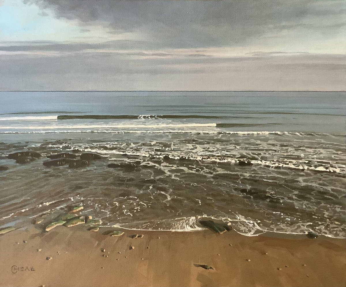 JCheall's tweet photo. Morning, rocky shoreline, Upgang Beach, Whitby, acrylic on canvas-board, 12x10”. #northyorkshire #painting #acrylic #whitby https://t.co/cH1LenAqug