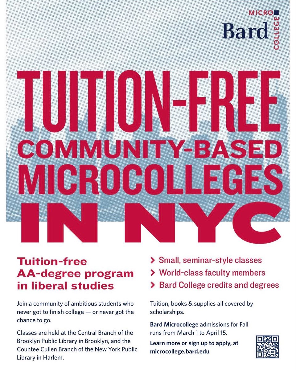 BPIBard's tweet photo. We’ve carried our model of radically inclusive tuition-free college beyond the prisons and into the community. Admissions are open now for Bard Microcolleges in Brooklyn and Harlem. Think of where you might be a year from now. #bardmicrocollege #microcollege #tuitionfree https://t.co/P0z1FCNqk1