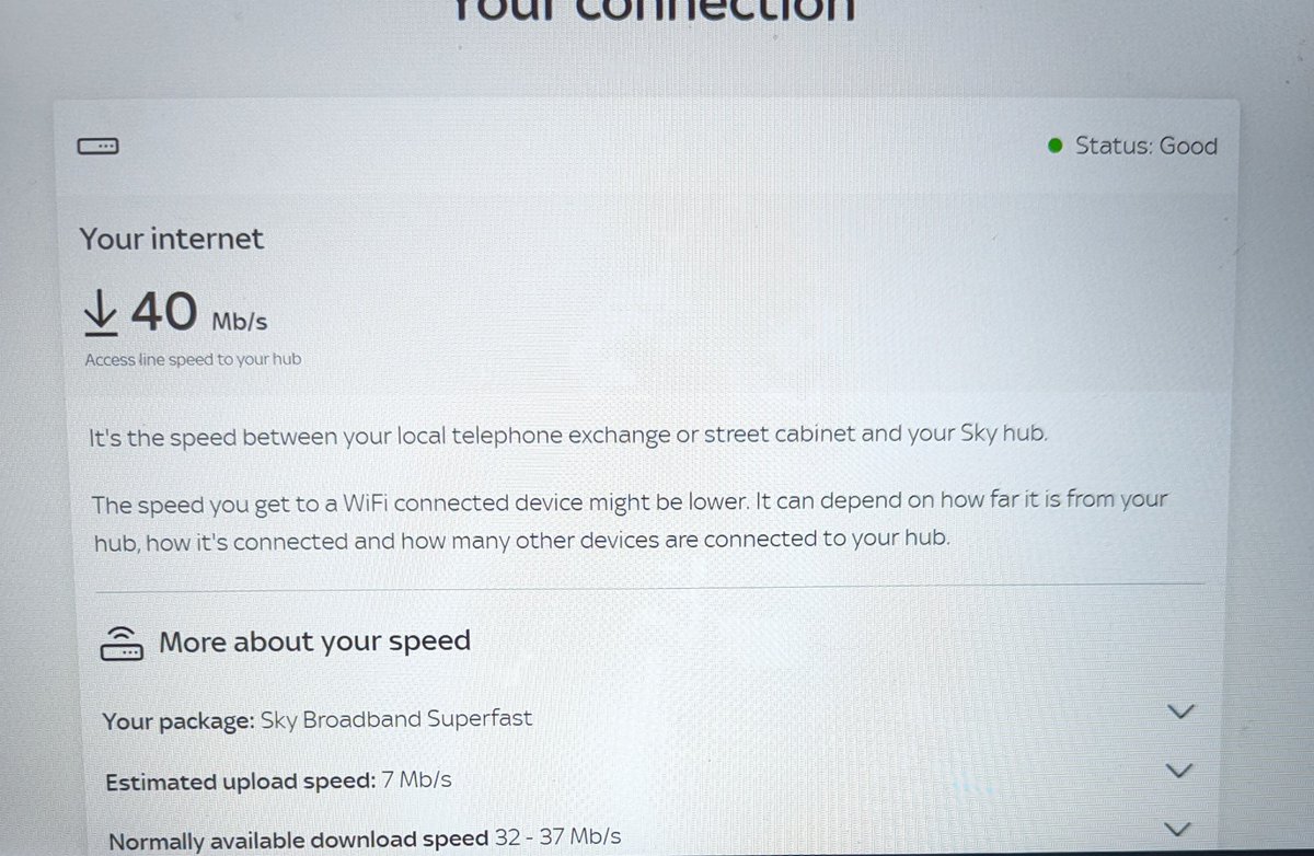 copper_g1rl's tweet photo. @SkyHelpTeam The connection test says there are no issues and that the status is good. But when I use an independent speed test the results are way below what I should be getting and have been for 2 days. https://t.co/UqZMmmgHiD