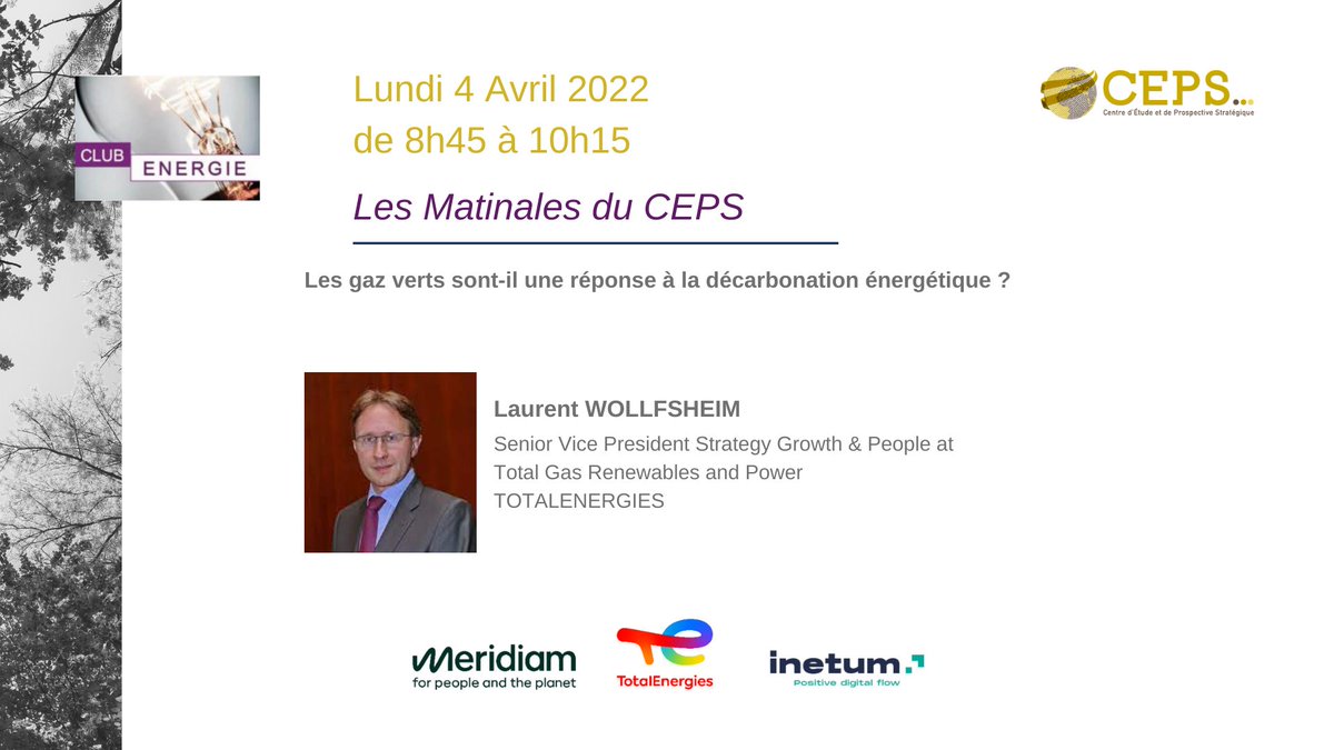 Le Club Energie vous invite à sa prochaine session, le 4 Avril 2022. Laurent Wollfsheim répondra la problématique suivante : Les gaz verts sont-il une réponse à la décarbonation énergétique ?

Inscrivez-vous via ce lien : oandb.typeform.com/to/h44ISkQ4?ut…