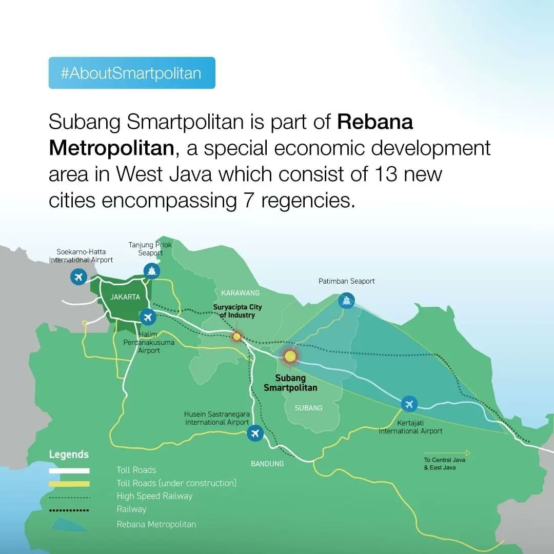RebanaMetropol's tweet photo. Located in the heart of West Java, Subang Smartpolitan shall become the centre of gravity as it is surrounded by world-class infrastructures including Seaports, Airports, Railways and Toll Roads Network.

#Smartpolitan #MadefromFuture #SmartCity
#InvestinIndonesia #Industry https://t.co/dwQ7ZS8NSv