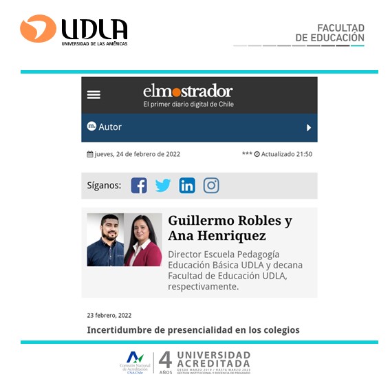 grobles37's tweet photo. Les comparto aparición en prensa diario el Mostrador  junto a la  Decana de la Facultad de Educación  @AnaHenriquez 
@PedBasicaUDLA
@UDLA_CL

https://t.co/pkxRxLiKpN https://t.co/JT6yZodBKZ