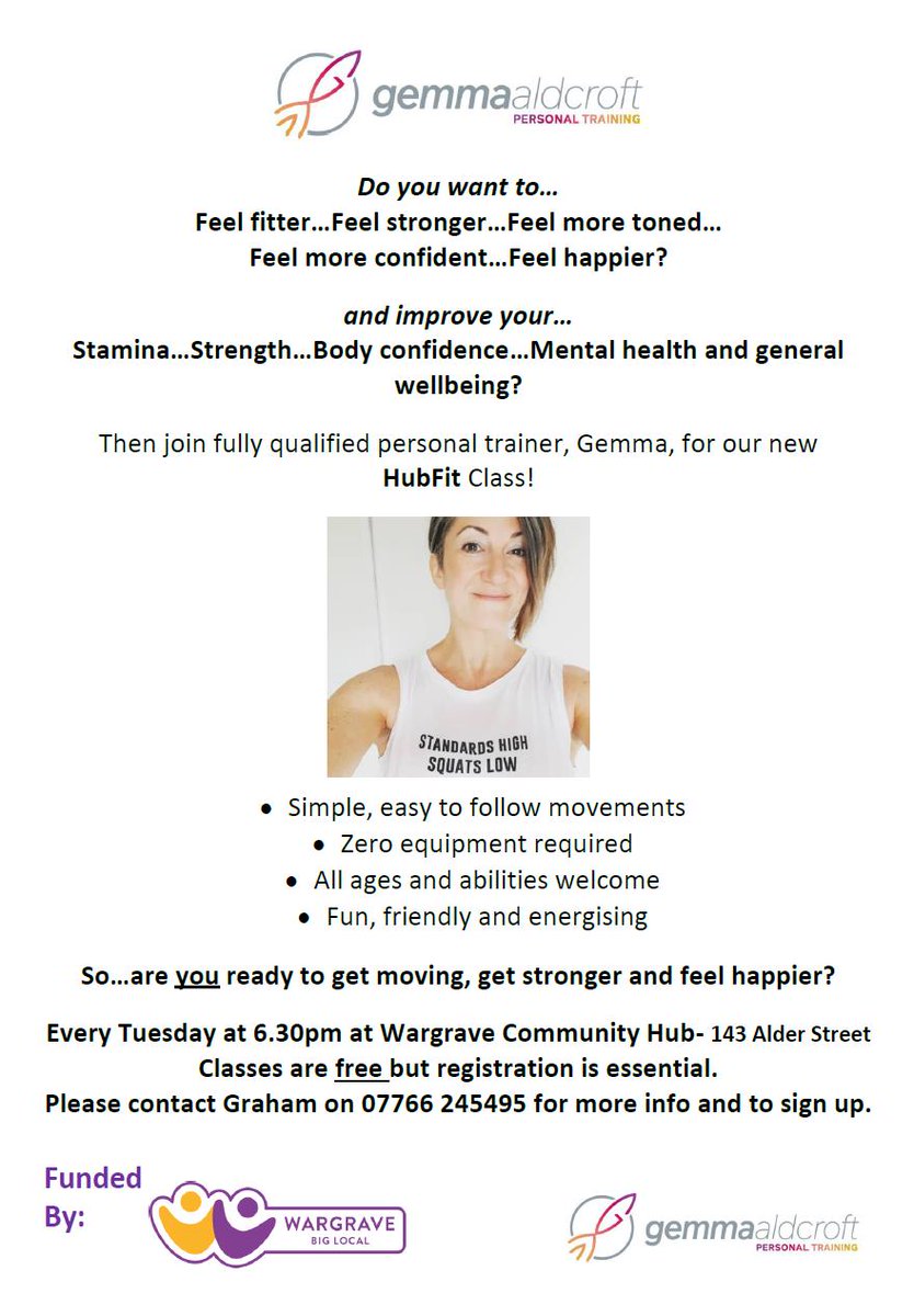 RT Want to feel Stronger and fitter why not join our  weekly Hub Fit Class with Gemma At The Wargrave Hub.  Tomorrow evening at 6:30pm the class is body weight exercises no equipment needed, all levels of fitness welcome. 

#Wargrave #newtonlewillows  #empowering @TorusFoundati