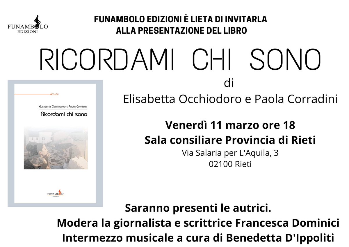 📌 Vi aspettiamo domani alla presentazione di "Ricordami chi sono" in compagnia delle autrici Elisabetta Occhiodoro e Paola Corradini!
➡️ Appuntamento alle 18 presso la Sala consiliare della provincia di Rieti 

🔴 non mancate! 🔴