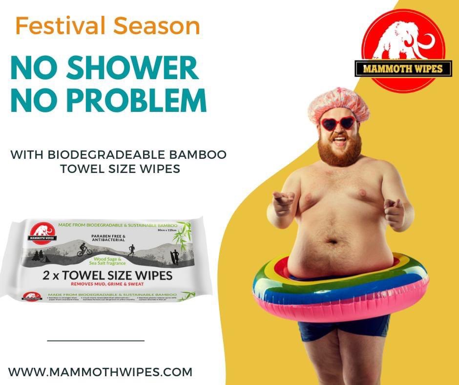 No shower , no problem with <a href="/mammothwipes/">mammothwipes</a> with a shower in a pack ..