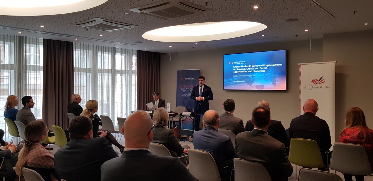 VlahovicGroup's tweet photo. We are delighted to have had an opportunity to organize a presentation in Vienna​ about the challenges and opportunities in the energy markets in Southeast Europe, together with @AmChamAustria . https://t.co/ME14Ehts3h