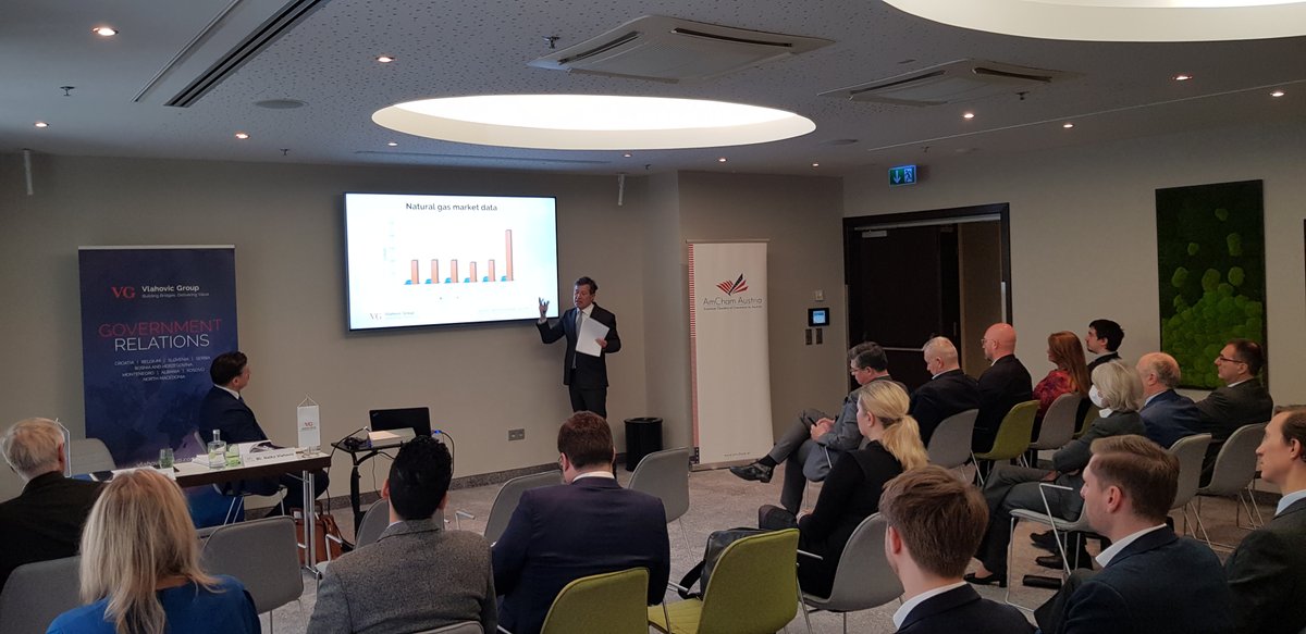 VlahovicGroup's tweet photo. We are delighted to have had an opportunity to organize a presentation in Vienna​ about the challenges and opportunities in the energy markets in Southeast Europe, together with @AmChamAustria . https://t.co/ME14Ehts3h