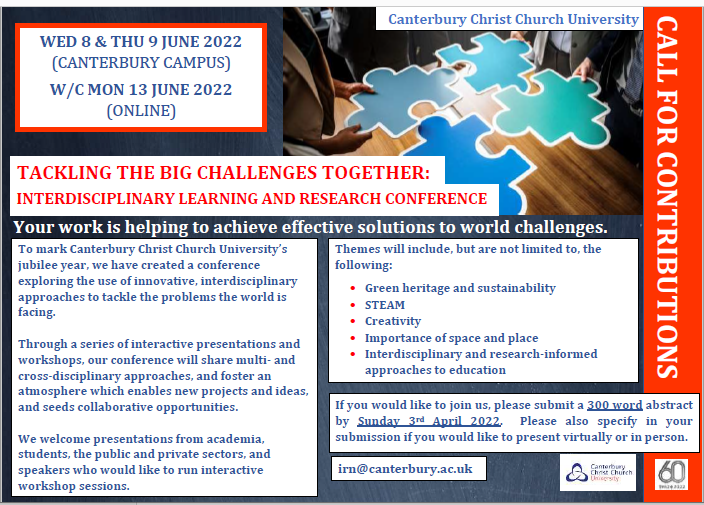 CCCU Research Development (@cccu_rd) on Twitter photo Call for Papers – Join us in tackling the big challenges together.  email irn@canterbury.ac.uk by Sunday 3rd April 2022 Call for Papers – Join us in tackling the big challenges together.  email irn@canterbury.ac.uk by Sunday 3rd April 2022