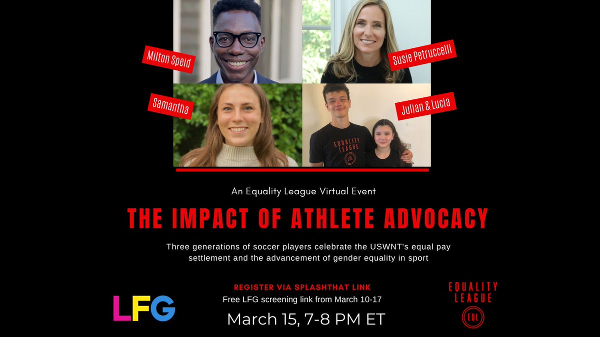 Join three generations of soccer stars to celebrate the athlete advocacy of <a href="/USWNTPlayers/">USWNT Players</a> on March 15, #EqualPayDay! Sign up &amp; you'll also receive a free screening link to <a href="/lfgthemovie/">LFG The Movie</a>. eqlathleteadvocacy.splashthat.com #whenwevaluewomen #equalpay #genderequality #titleix50by50 #weareeql