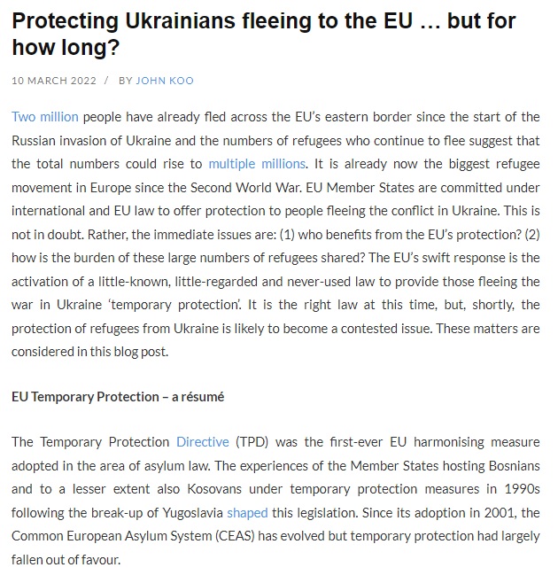 EuropeanLawBlog's tweet image. Check out the newest post on the blog by John Koo who discusses a timely and central issue on the EU's agenda - the implementation of temporary protection for those fleeing Ukraine. 
#asylum #solidarity #temporaryprotection #ukrainecrisis 
Read more at: europeanlawblog.eu/2022/03/10/pro…