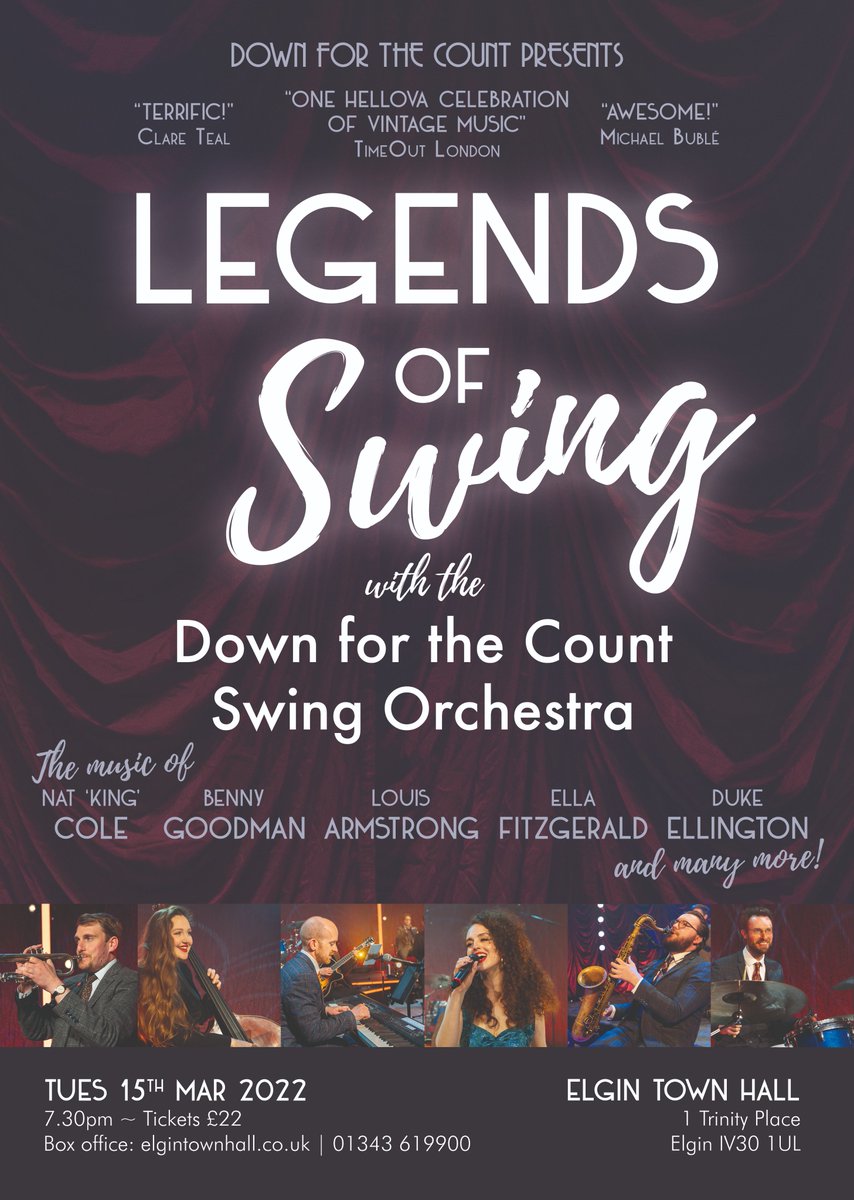Swinging into Elgin Town Hall this Tuesday we have LEGENDS OF SWING performed by the Down for the Count Swing Orchestra.
Tickets available via : ethtkts.uk/3wLgcJg