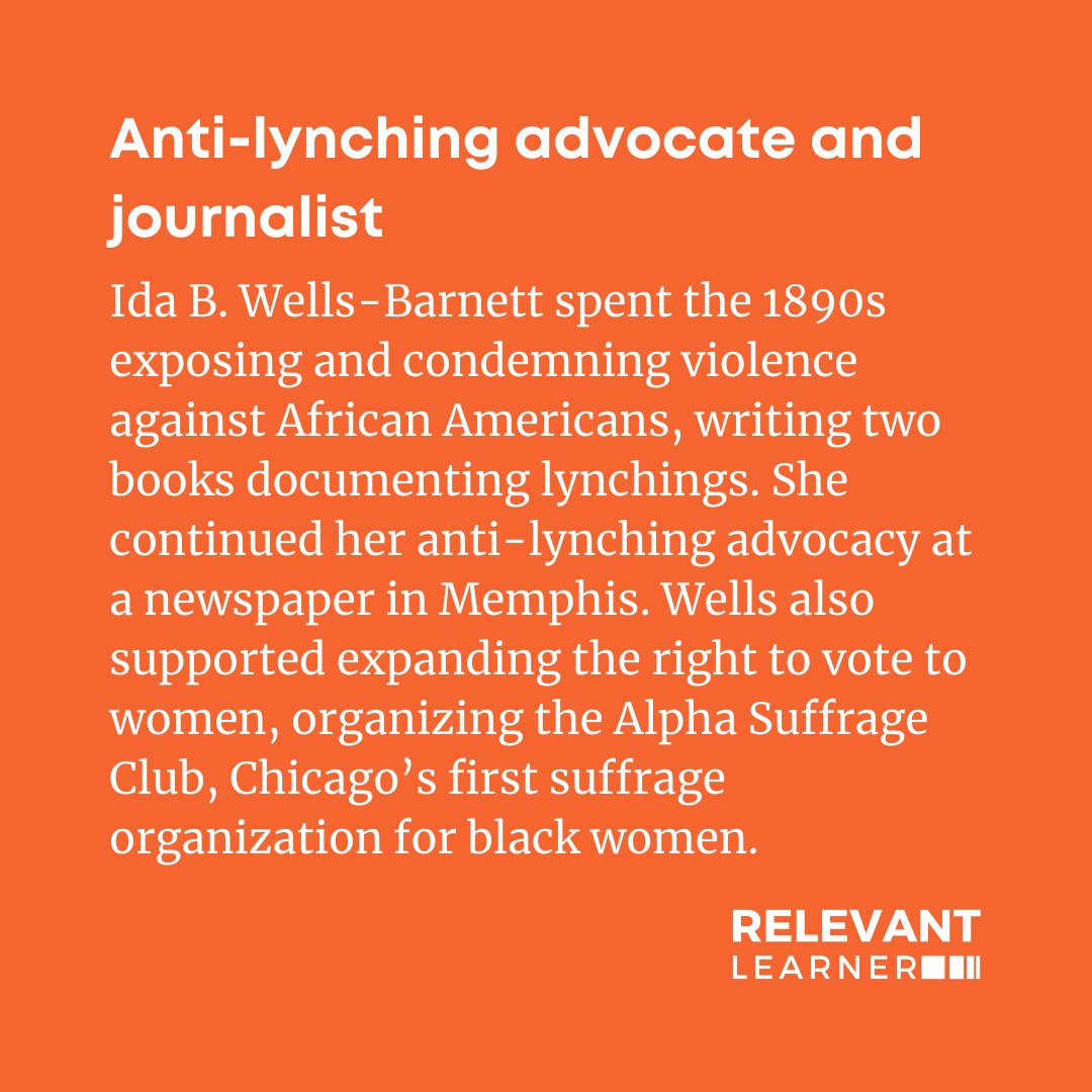 relevantlearner's tweet image. Ida B. Wells was an anti-lynching advocate, investigative journalist, and sociologist. #womenshistorymonth #herstory #WHM #relevantlearner #culturallyresponsive #culturallyresponsiveteaching #culturallyrelevant #culturallyrelevantpedagogy #diversecurriculum #curriculum