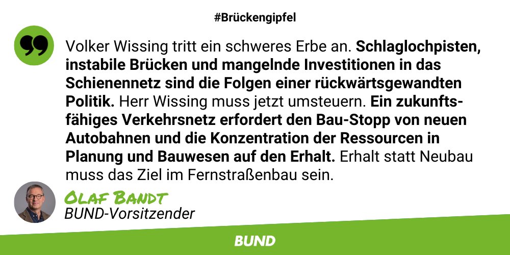 bund_net's tweet photo. #Brückengipfel verdeutlicht: Im @BMDV_bund wurde jahrelang zu wenig Wert auf Erhalt bestehender Fernstraßen und Schienenstrecken und vor allem dazugehörigen Brücken gelegt. Volker @Wissing muss jetzt umsteuern: Erhalt statt Neubau muss das Ziel sein!

▶️ https://t.co/fijQO3Y2Jz https://t.co/wDFKXOwKY0