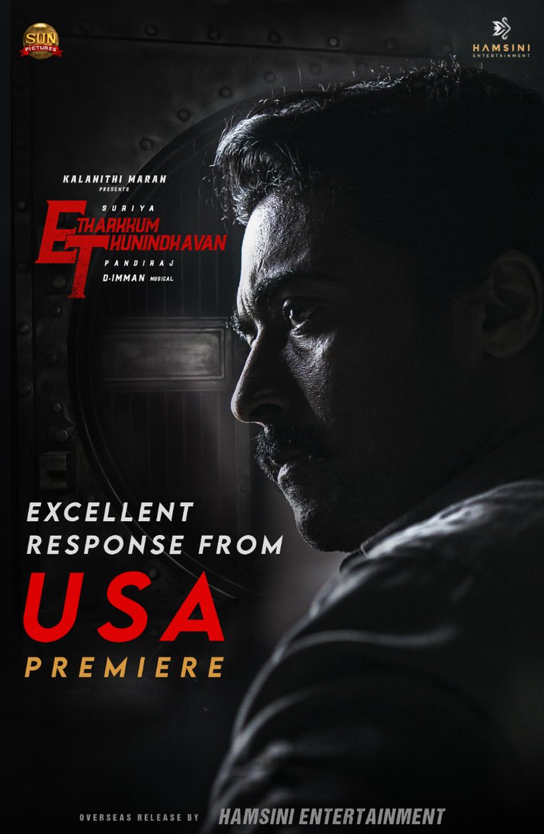 Hamsinient's tweet photo. Excellent Response from USA Premiere shows for #ET 💥 #EtUsaPremiere 

#EtharkkumThunindhavan #EvarikiThalaVanchadu

Audiences are loving this @Suriya_offl 's Rural Avatar 👌 #EtUsa Release by @Hamsinient 

@priyankaamohan @pandiraj_dir @VinayRai1809 @sunpictures #ETfestival https://t.co/lUvYKcgXhR