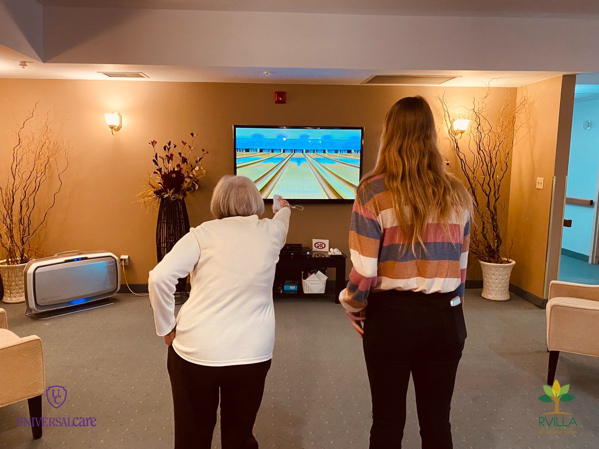 RVilla_C339's tweet photo. We got a great shot of Florence playing a game of Wii Bowling with our Co-op Student Abby! We wanted to give a huge THANK YOU to Microplay in Brantford for giving us a fantastic deal on our new Wii Equipment! You sure put a smile on lots of our residents faces this morning! https://t.co/vxRH8CgN2x
