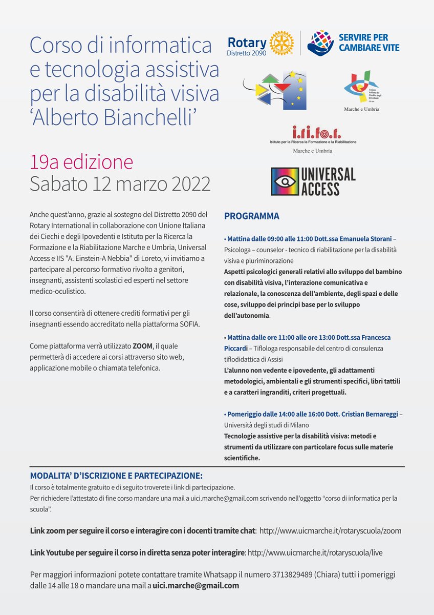 RotaryD2090's tweet photo. 12 marzo - 19° edizione del Corso di informatica e tecnologia assistiva per la disabilità visiva ‘Alberto Bianchelli’. Il percorso formativo e'rivolto a genitori, insegnanti, assistenti scolastici ed esperti nel settore medico-oculistico. https://t.co/JirTN1DVQG