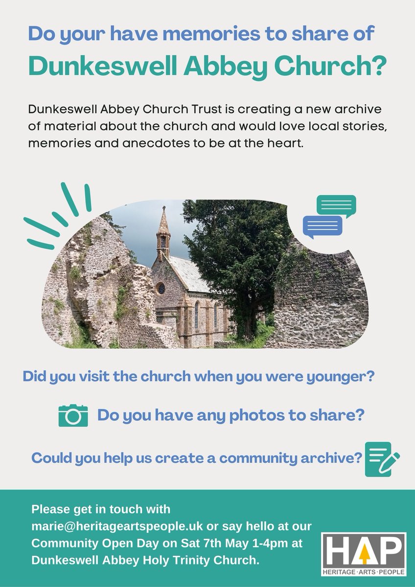 We're working on a project at #Dunkeswell Abbey Church where we would love community stories, memories and anecdotes to form part of an archive: heritageartspeople.uk/do-you-have-me… @BlackdownsAONB @DevonHeritage <a href="/devonhistorysoc/">Devon History Soc</a> @DevonHistEnv