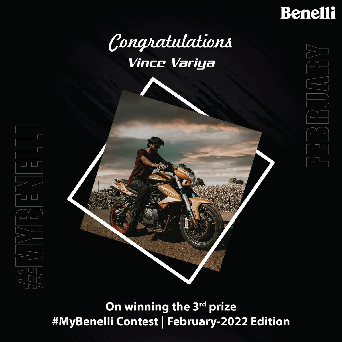BenelliIndia's tweet photo. We were thrilled to announce our finalized top 3 winners of #MyBenelli contest. Join us to wish Mr Vince Variya @1_n_only_vince on securing 3rd place in #MyBenelli February-2022 Edition.We wish you all the best for your endeavours ahead! #ThirdWinner #BenelliIndia #India https://t.co/vH9rehkfou