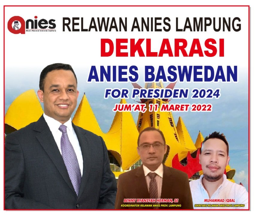 bos_sir's tweet photo. Yth teman2 wartawan dan simpatisan Anies Baswedan di Propinsi Lampung, yuuk gabung besok ya 11 Mart 2022 pukul 14.00 di RM. LUWES (Sate Luwes)
Jln KH. MAS MANSYUR No.1 Rawa Laut, Bandar Lampung https://t.co/TRlegFwy9F