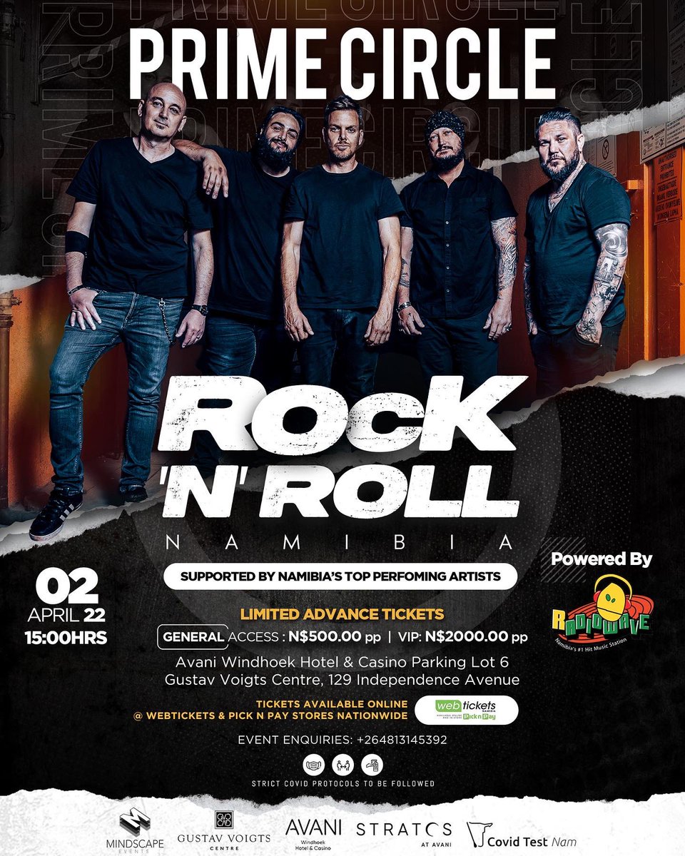 MindscapeEvents's tweet photo. Rock ‘N’ Roll Namibia. 
Live In Concert with PRIME CIRCLE. 
Tickets are now available at Pick n Pay and https://t.co/baAp0uZwiq https://t.co/UyExWcga08