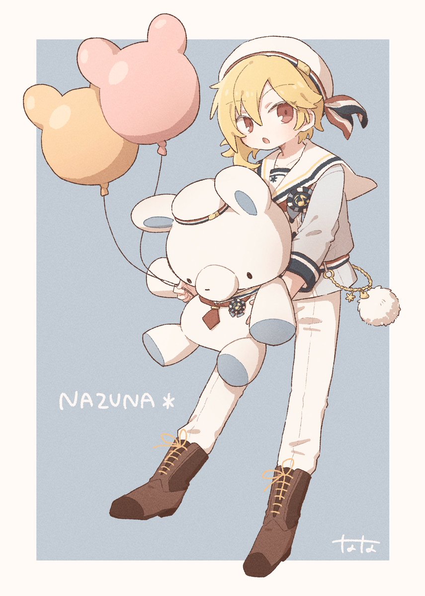 blonde hair stuffed toy balloon stuffed animal hat male focus sailor collar  illustration images