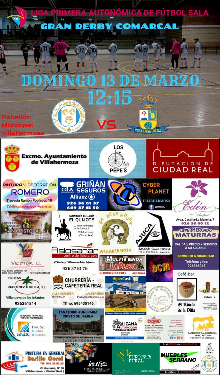villahermosa_fs's tweet photo. Este domingo tenemos DERBY
🏆 Liga Primera Autonómica @FFCM_es
📅 13 DE MARZO
🕜 12:15
🏟 Pabellón Municipal 
🆚 @VvaFutsal https://t.co/OIXLabpJCw