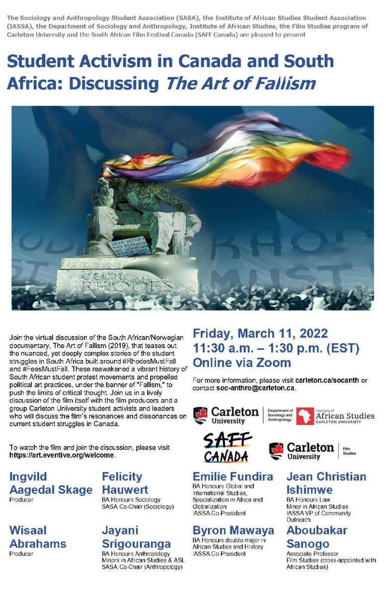 A friendly reminder that "Student Activism in Canada and South Africa: Discussing The Art of Fallism" with <a href="/sasacu3/">Carleton_SASA</a>, <a href="/IASSACarleton/">IASSA Carleton</a>, <a href="/CUSocAnth/">CU Sociology & Anthropology</a>, <a href="/IAS_Carleton/">IAS Carleton U</a>, @mycufilm, and @SAFF_Canada is tomorrow! More details: bit.ly/3gQ2C1s