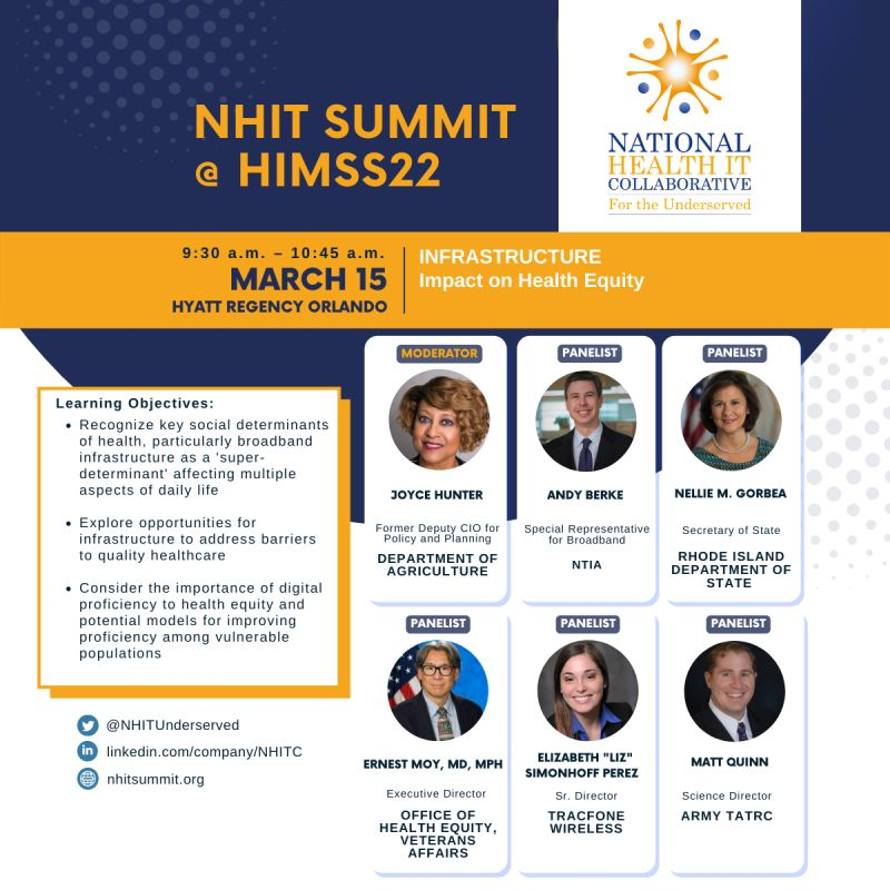 eGovmarket's tweet photo. A message from our CEO: My friend and colleague Joyce Hunter will be speaking at the upcoming NHIT Summit #HIMSS22 on Infrastructure - Impact on Health Equity. I'm sure she'll do a great job! Of course, privacy, security &amp; accessibility should be a focus of any HCD solution! https://t.co/jydtFMTroG