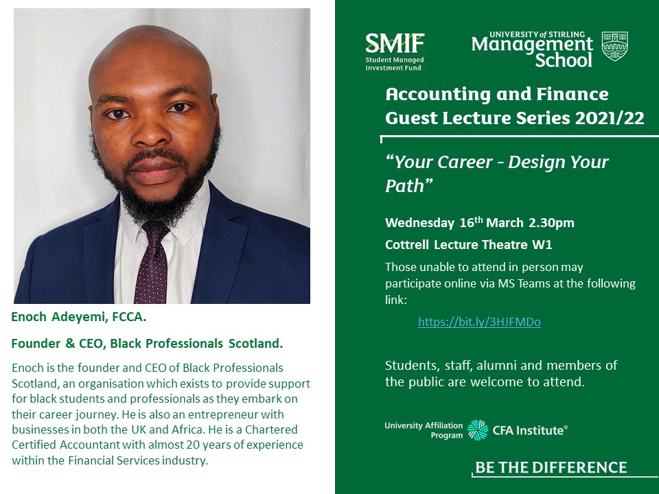 Wed. 16th Mar. 2.30pm, we welcome Enoch Adeyemi to the <a href="/StirManSchool/">Stir Man School</a>. Enoch will give a #guestlecture to the <a href="/StirlingUniSMIF/">Stirling University SMIF</a> #students, staff, <a href="/StirAlumni/">Stirling Uni Alumni</a> and friends of <a href="/StirUni/">University of Stirling</a>. Enoch's Black Professionals Scotland inspires #diversity and #inclusion. Proud to have him back.